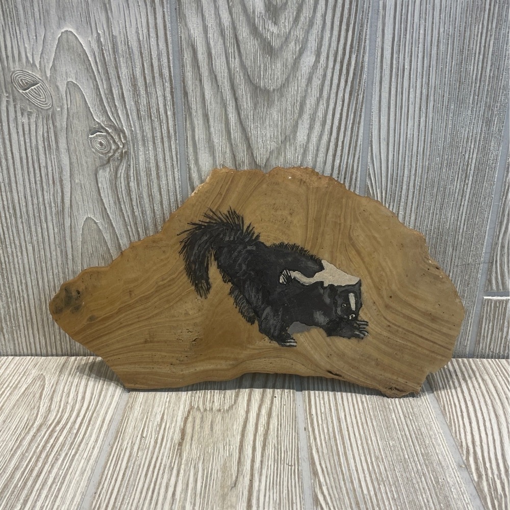 Hand Painted Skunk Stone Rock Slab Folk Art Rustic Woodland Cabin Decor